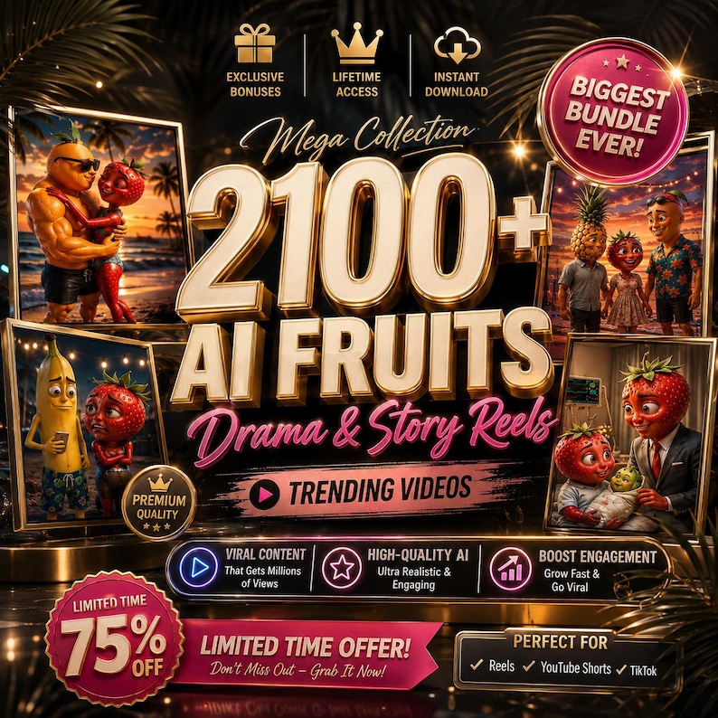 May include: A digital promotional graphic for a collection of 2100+ AI-generated fruit character videos. The image features gold text, multiple framed scenes of anthropomorphic fruit characters, and badges indicating a 75% off limited time offer.