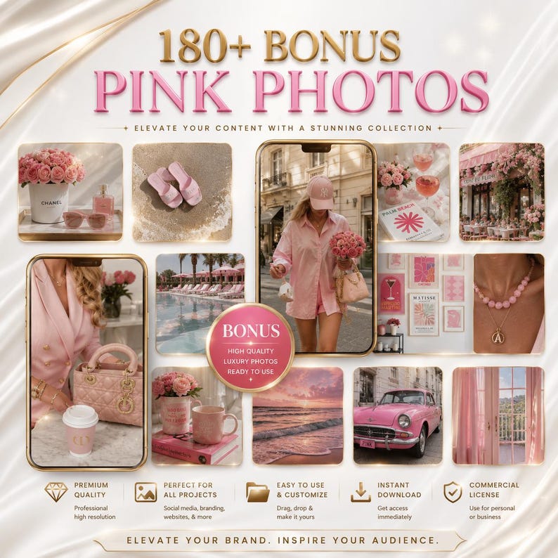 May include: A digital collection of 180+ bonus pink photos featuring various lifestyle imagery including floral arrangements, beach scenes, fashion accessories, interior decor, and a vintage pink car, all presented in a promotional layout.