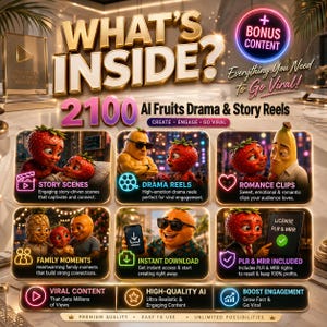 May include: A digital marketing graphic titled WHAT'S INSIDE? featuring 2100 AI Fruits Drama & Story Reels. It displays six panels with anthropomorphic fruit characters, including strawberries, a banana, a pineapple, and an orange, showcasing various themes like story scenes, drama, romance, and family moments.