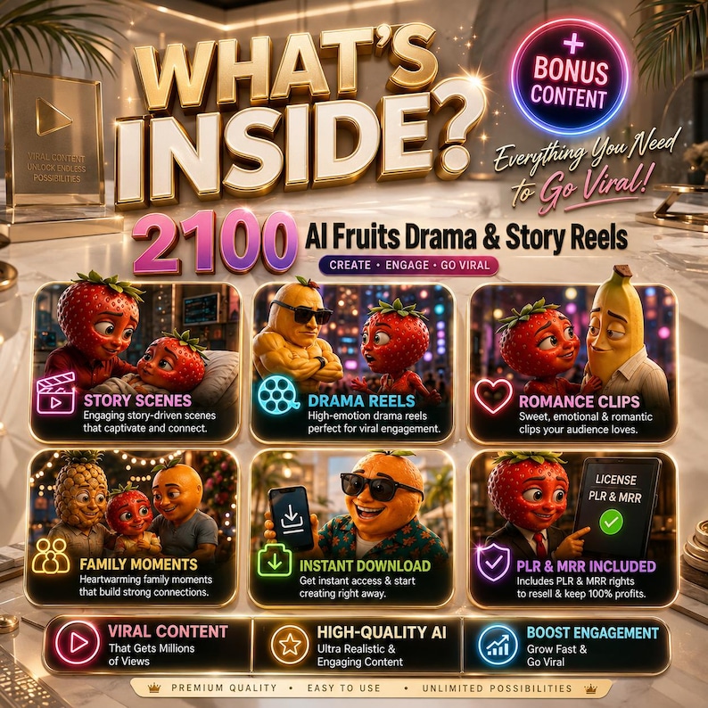 May include: A digital marketing graphic titled WHAT'S INSIDE? featuring 2100 AI Fruits Drama & Story Reels. It displays six panels with anthropomorphic fruit characters, including strawberries, a banana, a pineapple, and an orange, showcasing various themes like story scenes, drama, romance, and family moments.