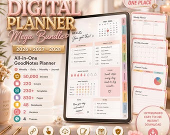 All-in-One Digital Planner 2026, 2027, 2028 Digital Planner, Digital Journal, Digital Goodnotes Template, Daily Planner, Notability
