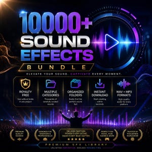 Könnte beinhalten: Eine digitale Grafik für ein 10000+ Soundeffekte-Paket mit fettgedrucktem Text, einem leuchtend blauen Play-Button-Symbol und der Silhouette einer Person mit erhobenen Armen vor einem Hintergrund aus violetten und blauen Schallwellen.