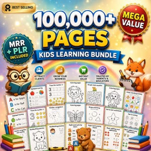 May include: A digital kids learning bundle featuring 100,000+ pages of educational worksheets, including alphabet tracing, coloring pages, mazes, and math activities. The graphic includes an owl, a fox, a bear, and colorful stacks of books.
