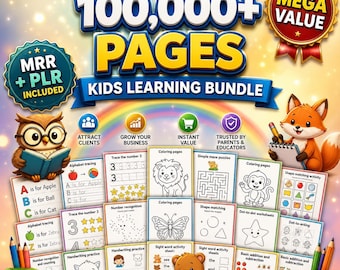 100k Kids Learning Pages Bundle, Preschool Worksheets, PLR MRR (Printable PDF, Canva Templates)