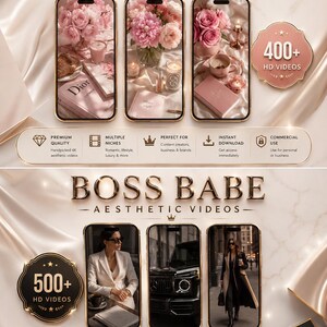 May include: A digital product bundle featuring Pink Romantic Videos and Boss Babe Aesthetic Videos. The display includes six smartphone screens showing floral arrangements, luxury lifestyle scenes, and vehicles, with text labels for 400+ and 500+ HD videos.