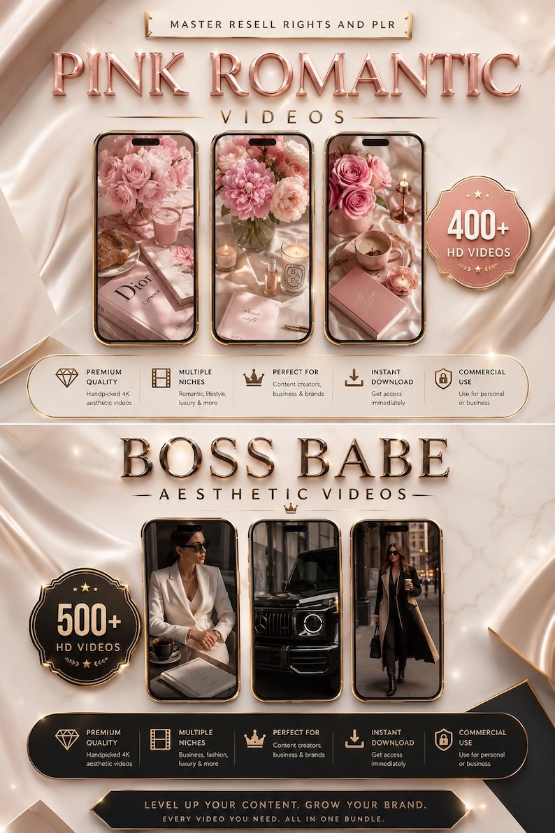 May include: A digital product bundle featuring Pink Romantic Videos and Boss Babe Aesthetic Videos. The display includes six smartphone screens showing floral arrangements, luxury lifestyle scenes, and vehicles, with text labels for 400+ and 500+ HD videos.