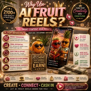 May include: A digital marketing graphic titled Why Use AI Fruit Reels? featuring a smartphone displaying animated fruit characters, stacks of US dollar bills, and lists of benefits including viral potential, monetization, and audience growth.