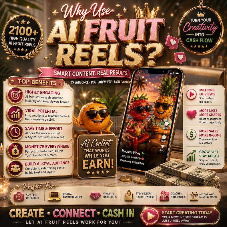 May include: A digital marketing graphic titled Why Use AI Fruit Reels? featuring a smartphone displaying animated fruit characters, stacks of US dollar bills, and lists of benefits including viral potential, monetization, and audience growth.