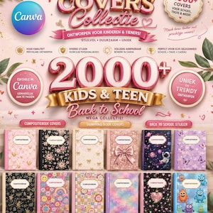 Op de afbeelding: Een digitale collectie van 2000+ compositieboek covers voor kinderen en tieners met diverse ontwerpen zoals bloemen, ruimte, glitter en monsters. De afbeelding bevat de tekst Premium Compositieboek Covers Collectie en 2000+ Kids & Teen Back to School.