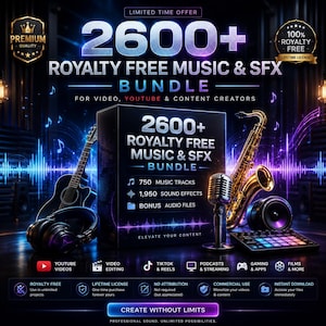 Puede incluir: Un paquete de productos digitales con más de 2600 pistas de música y efectos de sonido libres de derechos. La caja muestra 750 pistas musicales, 1950 efectos de sonido y archivos de audio extra, rodeada de una guitarra, auriculares y saxofón.
