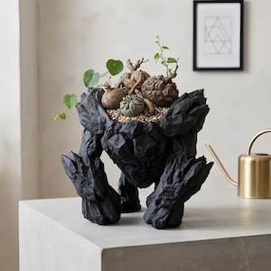 May include: A black, rock-textured planter shaped like a humanoid figure with a hollow torso containing small, round, brown and green succulent plants and light-colored pebbles. The planter has thick, jagged limbs and a sturdy, blocky appearance.
