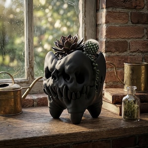Puede incluir: Una maceta de cerámica negra mate con forma de cráneo estilizado, dientes prominentes y tres patas. La maceta contiene una suculenta de color púrpura oscuro, un pequeño cactus redondo y una planta colgante de rosario en su interior.