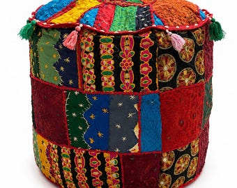 Handmade Indian Patchwork Pouf Ottoman Cover, Bohemian Embroidered Floor Cushion