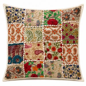 Handmade Patchwork Embroidered Cushion Cover | Vintage Indian Cotton Boho Pillow Case