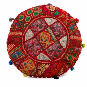 Embroidered  Red Patchwork Cushion Cover, Vintage Boho Pillow Cover, Handmade Indian Home Decor