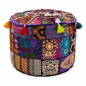 Handgemachter Patchwork Pouf Ottoman Bezug, Boho Besticktes Bodenkissen