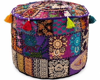 Handmade Indian Patchwork Pouf Ottoman Cover, Bohemian Embroidered Floor Cushion