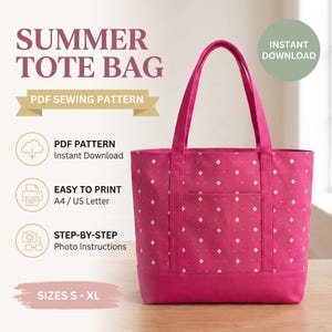 Może przedstawiać: Jaskraworóżowa torba typu tote z białym wzorem w romby, wyposażona w dwa paski na ramię i przednią kieszeń. Tekst na obrazku brzmi: SUMMER TOTE BAG, PDF SEWING PATTERN, INSTANT DOWNLOAD, PDF PATTERN, EASY TO PRINT A4 / US LETTER, STEP-BY-STEP, SIZES S - XL.
