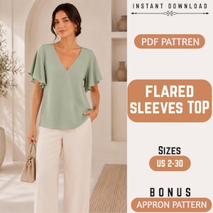Op de afbeelding: Een saliegroene top met een V-hals en korte uitlopende mouwen, gecombineerd met een crèmekleurige broek. De tekst luidt: INSTANT DOWNLOAD, PDF PATTREN, FLARED SLEEVES TOP, SIZES US 2-30, BONUS, APPRON PATTERN. De afbeelding toont een naaipatroon.