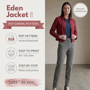 Könnte beinhalten: Ein PDF-Schnittmuster für die Eden-Jacke mit dem Text PDF SEWING PATTERN, INSTANT DOWNLOAD, EASY TO PRINT A4 / US LETTER, STEP-BY-STEP Photo Instructions und SIZES XS-XXXL. Das Bild zeigt eine rote Jacke mit einem Reißverschluss.