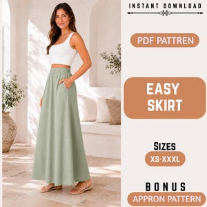 May include: A sage green maxi skirt with an elastic waistband and side pockets. The image includes text: INSTANT DOWNLOAD, PDF PATTREN, EASY SKIRT, SIZES XS-XXXL, BONUS APPRON PATTERN. The skirt is shown paired with a white sleeveless crop top.