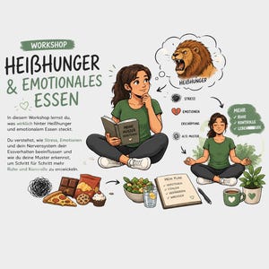 May include: An educational infographic titled WORKSHOP HEIßHUNGER & EMOTIONALES ESSEN featuring a person reading a book titled MEINE MUSTER VERSTEHEN, a thought bubble with a roaring lion, and a second person meditating with a MEIN PLAN notebook.