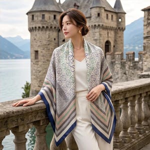 Elegant Patterned Scarf for Women, Fashionable Silk-Like Wrap, Geometric Monogram Shawl, Chic Evening Pashmina, Luxury Birthday Gift