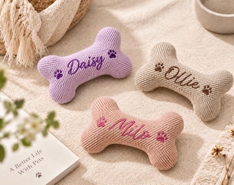 Personalized Dog Bone Toy, Custom Embroidered Dog Name Toy, Handmade Fabric Dog Toy, Dog Birthday Gift, New Puppy Gift for Dog Lovers