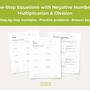 Enstegsekvationer med negativa tal | Multiplikations- och divisionsblad | Hemundervisning i algebra i PDF-format | Förberedande algebragenomgång