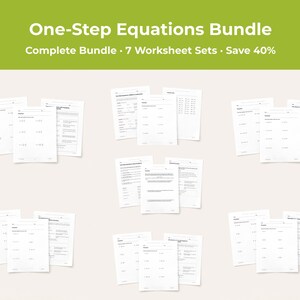 May include: A digital educational resource titled One-Step Equations Bundle, featuring seven sets of white worksheets with black text. The bundle includes various math problems and exercises printed on standard letter-sized paper sheets.