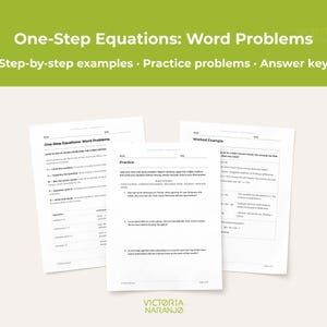 May include: Three white educational worksheets titled One-Step Equations: Word Problems, Practice, and Worked Example. The pages include step-by-step instructions, the CUBES method, math practice problems, and an answer key for students.