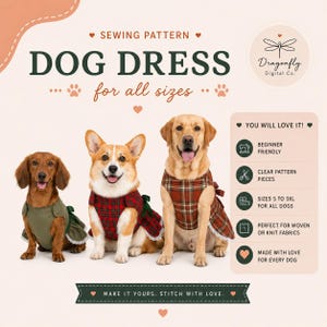 Könnte beinhalten: Ein digitales Schnittmuster für ein Hundekleid mit dem Text SEWING PATTERN DOG DRESS for all sizes. Drei Hunde tragen Kleider in einfarbigem Olivgrün und rotem Schottenkaro, verziert mit weißer Spitzenborte und kleinen Schleifen.