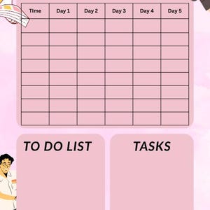 Könnte beinhalten: Eine rosa druckbare Planerseite mit einem Raster namens Time Table, das Spalten für Time und die Tage 1 bis 5 enthält. Unter dem Raster befinden sich zwei Abschnitte mit den Titeln TO DO LIST und TASKS. Die Seite ist mit Cartoon-Schülern verziert.