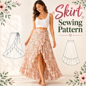 Könnte beinhalten: Ein Wickelrock mit Blumenmuster, Rüschensaum und Bindeband, begleitet von zwei schwarz-weißen technischen Skizzen des Rockdesigns. Der Text Skirt Sewing Pattern ist in der oberen rechten Ecke des Bildes zu sehen.