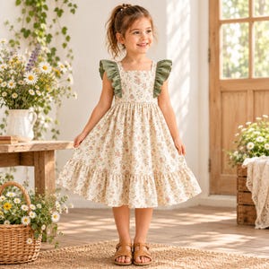 Könnte beinhalten: Ein ärmelloses Kleid aus cremefarbenem Stoff mit einem kleinen Blumenmuster in Rosa- und Grüntönen. Das Kleid hat einen eckigen Ausschnitt, olivgrüne Rüschen an den Schultern und einen weit ausgestellten Rock mit gerüschtem Saum.