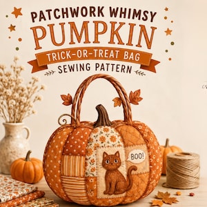 Könnte beinhalten: Eine kürbisförmige Stofftasche mit Patchwork-Design in Orange- und Cremetönen. Die Tasche hat zwei geflochtene Griffe, einen braunen Stiel und eine zentrale Applikation einer braunen Katze mit einer Sprechblase, die den Text BOO! enthält.
