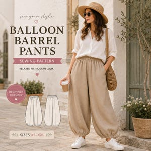 Könnte beinhalten: Ein Schnittmuster für Ballonhosen mit dem Text: sew your style, BALLOON BARREL PANTS, SEWING PATTERN, RELAXED FIT, MODERN LOOK, BEGINNER FRIENDLY und SIZES XS-XXL, inklusive einer technischen Zeichnung der Hose.