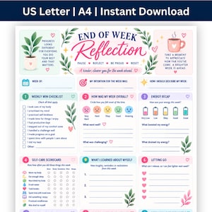 Op de afbeelding: Een printbare plannerpagina voor reflectie aan het einde van de week met secties voor wekelijkse successen, energieniveaus, zelfzorg-checklists en persoonlijke inzichten. Het ontwerp bevat botanische illustraties en een stemmingsmeter.