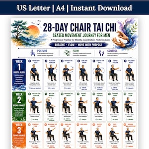 Può includere: Un grafico di esercizi di tai chi su sedia di 28 giorni con illustrazioni ad acquerello di una persona che esegue movimenti da seduta. Il documento include passaggi numerati, testo didattico e intestazioni per tre settimane di pratica.
