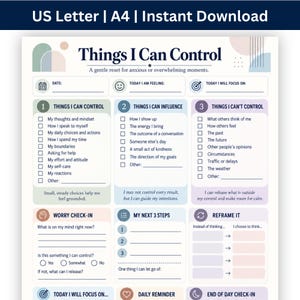 Op de afbeelding: Een printbaar werkblad voor mentale gezondheid getiteld Things I Can Control met secties voor het bijhouden van gevoelens, focus en dagelijkse check-ins. De lay-out bevat zachte pastelkleuren, selectievakjes en prompts voor dagelijkse reflectie.