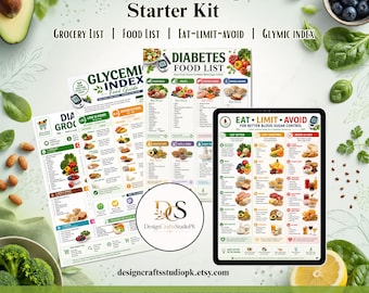May include: A Diabetic Eating Starter Kit featuring three informational charts titled Grocery List, Food List, and Eat-Limit-Avoid. The documents include text, food illustrations, and glycemic index data. The set is available as a US Letter or A4 instant download.