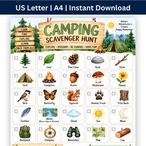 Puede incluir: Una hoja imprimible de búsqueda del tesoro de camping con una cuadrícula de veinticinco elementos para encontrar, incluyendo un árbol, hoja, piña, roca, palo, tienda, fogata, bellota, hongo, flor, pájaro, mariposa, ardilla, huella animal, corteza, pluma, agua, nube, sol, luna, mochila, brújula, binoculares, mapa y tronco.