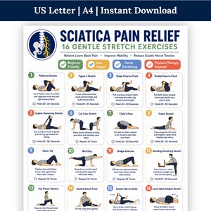 Könnte beinhalten: Eine digitale Übersicht mit dem Titel Sciatica Pain Relief, die 16 sanfte Dehnübungen mit nummerierten Illustrationen einer Person bei der Ausführung zeigt. Das Dokument enthält Textbeschriftungen für US Letter- und A4-Formate sowie Vorteile wie Linderung von Rückenschmerzen und verbesserte Mobilität.