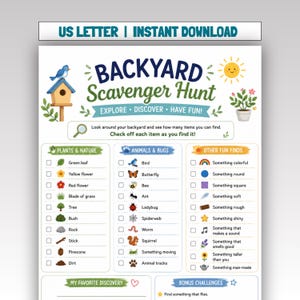 May include: A printable US Letter backyard scavenger hunt activity sheet featuring a birdhouse, sun, and plant illustrations. The document includes three columns titled Plants & Nature, Animals & Bugs, and Other Fun Finds with checkboxes.