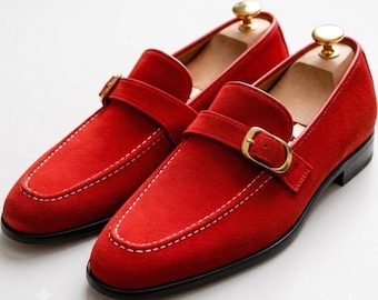 Men's Red Suede Buckle Loafers – Formal Dress Shoes for Weddings Parties