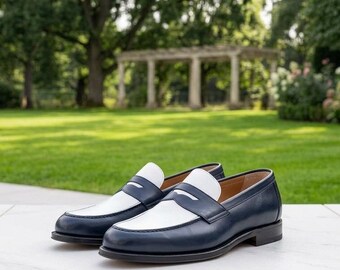 Men's Navy White Leather Spectator Loafers | Handmade Two-Tone Penny Dress Shoes