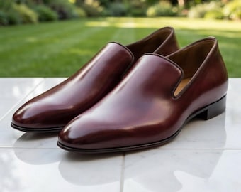 Mens Burgundy Leather Venetian Loafers | Handmade Slip On Dress Shoes | Patina Formal Business Wedding
