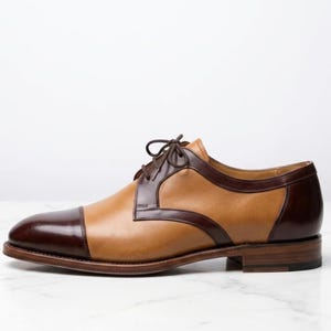 Handcrafted Tan & Brown Leather Cap Toe Oxford Shoes, Two-Tone Dress Formal Footwear image 3