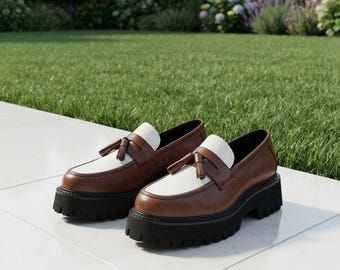 Men's Brown & White Chunky Platform Tassel Loafers | Lug Sole Leather Loafers | Handmade Two-Tone Slip-On Shoes