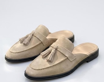 Beige Suede Tassel Mules | Handmade Slip-On Loafers | Minimalist Flat Slides | Neutral Casual Footwear by Legacy Vault